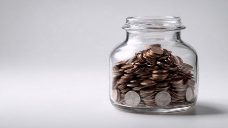 Minimal wealth theme showing a transparent jar and a single row of coins neatly placed.の写真素材