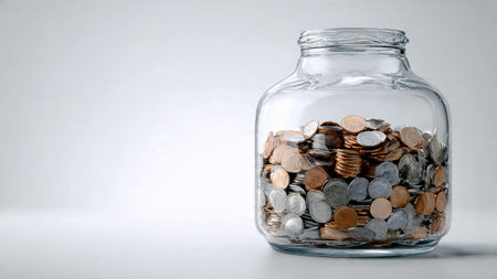 Simple budgeting composition with a jar tipped and coins flowing outward in a smooth arc,...
