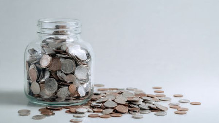 High-key financial scene featuring a tipped jar releasing coins in a gentle curve, commercial-safe.