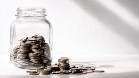 Modern financial look featuring an empty jar behind a tidy stack of coins.の写真素材
