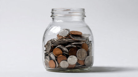 Professional savings image with polished coins forming a circular pattern around a jar.