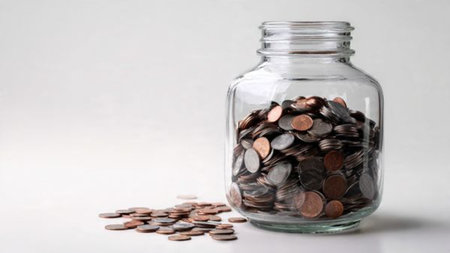Bright economic representation with a transparent jar placed beside symmetrical coin stacks,...