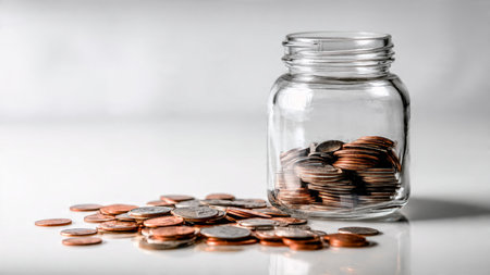 Minimal scene with a jar lying on its side and coins forming a delicate semicircle, commercial-safe.