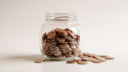 High-key minimal scene with coins forming a subtle arc around a transparent jar, commercial-safe.