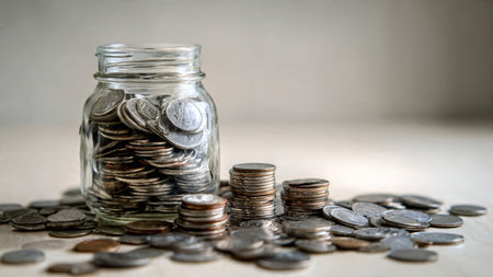 High-key wealth composition featuring an upright jar and several stacks of coins arranged carefully.の写真素材