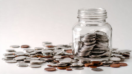 Simple budgeting illustration showing a tipped jar and coins spread lightly in a soft arc,...