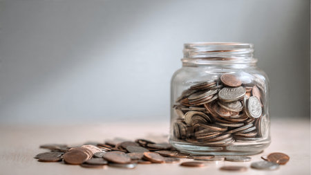 Professional concept scene showing a tipped jar with coins spilling in a soft arc pattern across a...