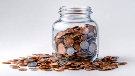 Modern wealth growth display with a transparent jar behind stacks of assorted coins.