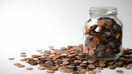 Wealth symbolism featuring a half-full jar centered behind small but neat coin stacks,...