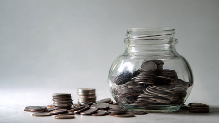 Soft studio-set scene with a few coins near a jar positioned slightly to the right, commercial-safe.の写真素材