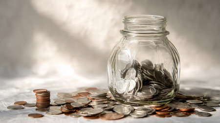 Financial clarity theme using a transparent jar and evenly layered coin stacks.