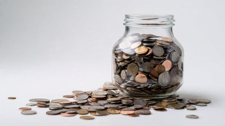 Clean savings concept showing a jar at an angle with coins grouped neatly in front.