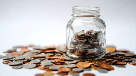 Light, bright scene showing a tipped jar and scattered coins representing budgeting, commercial-safe.の写真素材