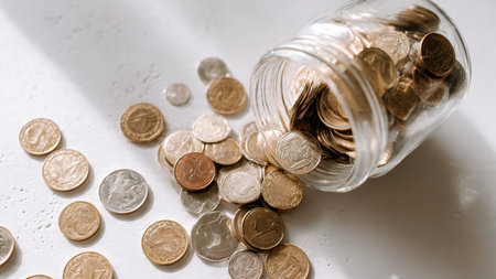 Simple budgeting flat lay with a tipped jar and coins spread delicately across the frame,...