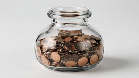 Bright economic symbolism featuring a jar filled with coins on a clean white environment.