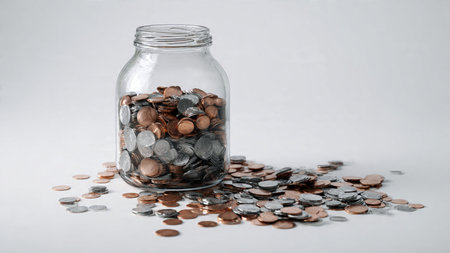 Minimal wealth illustration showing a jar tilted as coins fall naturally on a bright surface.の写真素材