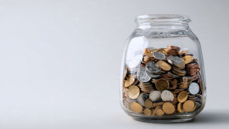 Minimal budgeting visual with a polished glass jar behind several small coin stacks.