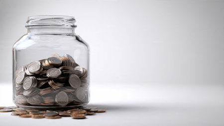 Clean wealth concept featuring aligned coin stacks in front of a transparent jar, commercial-safe.の写真素材