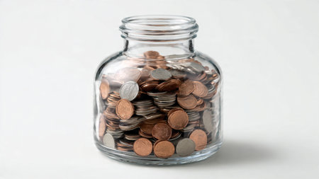 Modern minimalist savings concept with evenly spaced coins and an upright jar illuminated softly,...