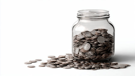 Clear jar representing savings placed near coins stacking upward symbolizing progression,...