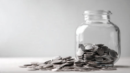 Balanced financial layout showing a simple glass jar and scattered coins arranged with soft shadows...