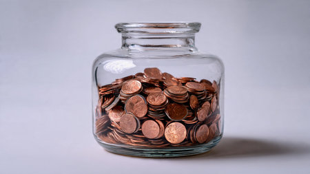Fresh saving concept featuring a jar filled lightly with coins and surrounded by subtle shadows,...