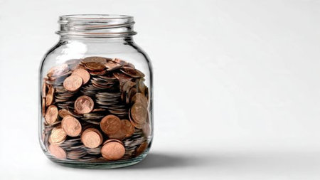 Professional savings-themed composition with coins grouped neatly near a transparent jar, commercial-safe.の写真素材