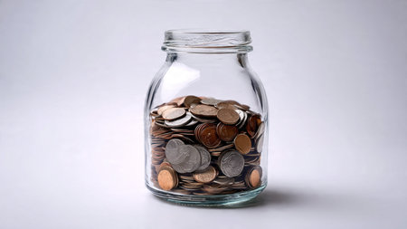 Transparent jar filled with evenly layered coins placed on a high-key white background for a modern savings theme, commercial-safe.の写真素材