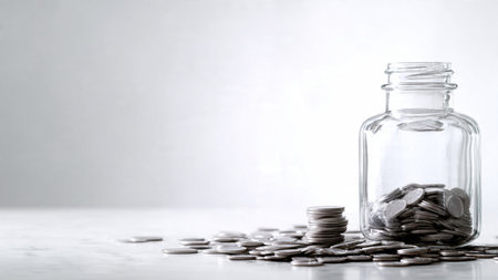 Soft shadow budgeting visual showing a jar tipped sideways releasing coins lightly, commercial-safe.