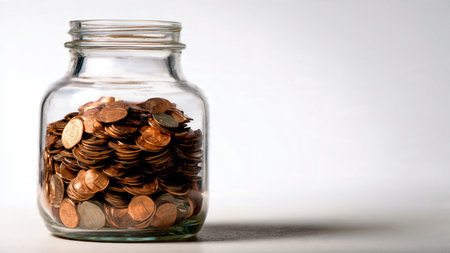 Balanced composition of a tipped jar and scattered coins representing simple financial habits.