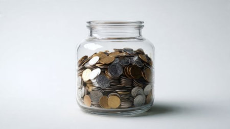 Balanced saving-themed arrangement with a clear glass jar next to evenly stacked coins under soft...