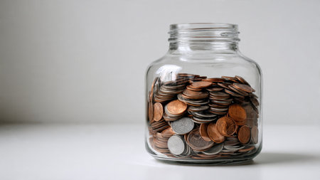 Minimal budgeting visual showing an upright jar filled with coins.