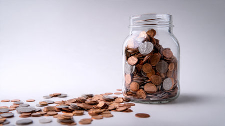 Modern financial arrangement with a tipped jar releasing coins in a diagonal pattern,...