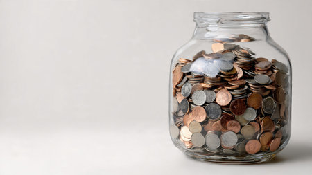 Clean and simple layout featuring a jar with a few coins spilling toward the viewer.