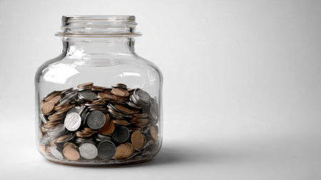 Clean financial illustration featuring a jar behind a neat semicircle of coins.