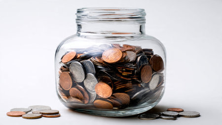 Simple savings shot featuring a tipped jar and a curved layout of coins, commercial-safe.