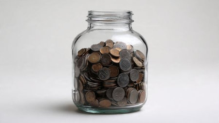 Modern financial look featuring an empty jar behind a tidy stack of coins.