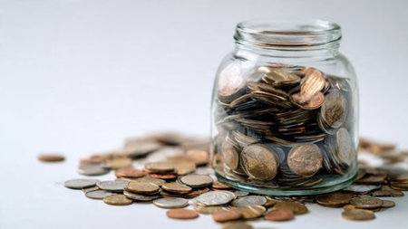 Clean wealth growth visual showcasing a transparent jar with a modest collection of coins on a...