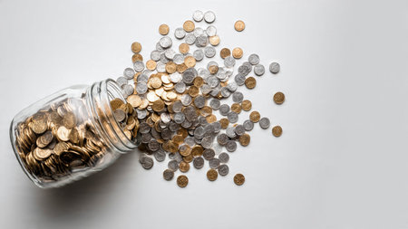 Elegant white-theme financial image featuring coins arranged symmetrically around a glass jar,...
