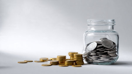 Elegant minimalist arrangement with a jar and coins grouped into clean patterns on a white surface,...