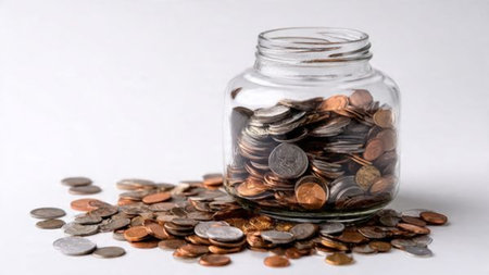 High-key minimalist financial scene with coins forming a neat half-circle around a clear jar,...