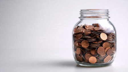 High-key financial scene featuring a tipped jar releasing coins in a gentle curve, commercial-safe.の写真素材