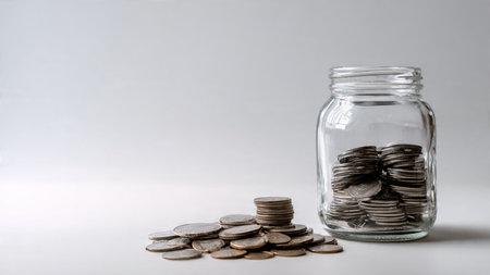 Clean commercial-style shot featuring polished coins resting next to a clear empty jar,...