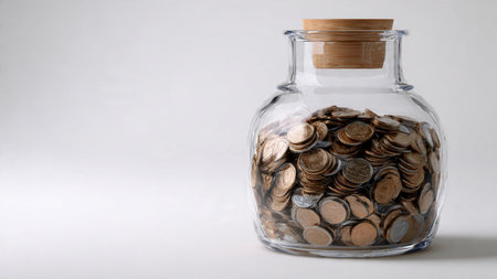 Modern minimal scene with tipped jar and coins scattering gently across a soft white surface,...