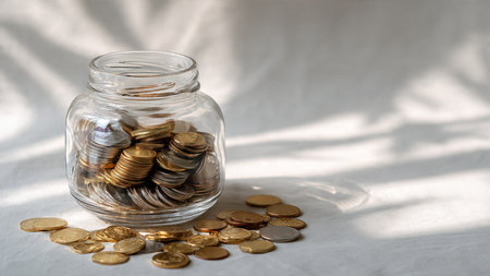Fresh saving concept featuring a jar filled lightly with coins and surrounded by subtle shadows, commercial-safe.の写真素材