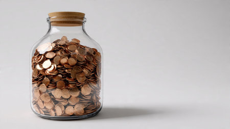Clean aesthetic showing polished coins forming a spiral near a clear jar on a white background,...