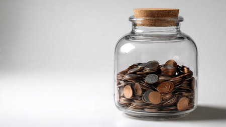Minimal budgeting flat lay with a tipped jar spilling a small collection of coins, commercial-safe.