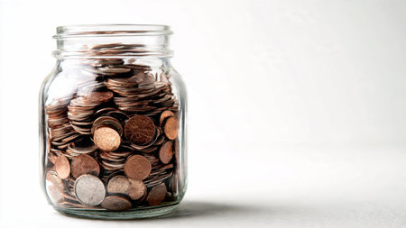 Clean savings theme with a small pile of coins arranged precisely beside a jar.