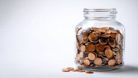 Elegant economic arrangement showing a tipped jar forming a clean line of spilling coins, commercial-safe.の写真素材