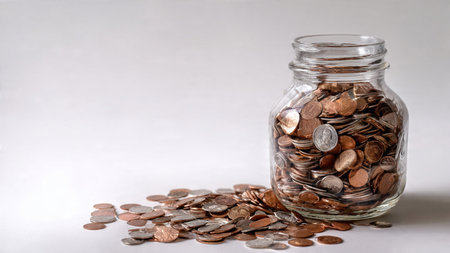 Soft, bright savings concept featuring polished coins arranged near a transparent jar on a pure...
